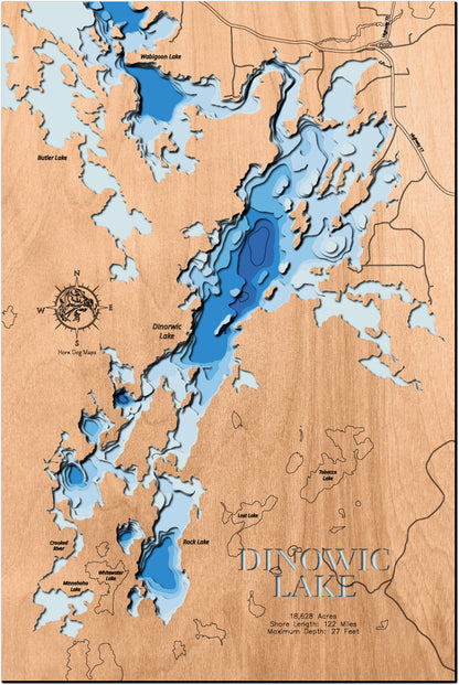 Exquisite wooden map of Lake Dinorwic in Ontario Canada with detailed lakebed features.