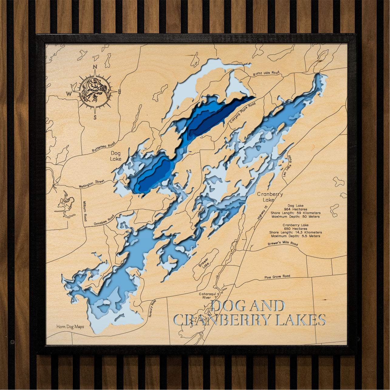 3D wooden lake map of Dog and Cranberry Lakes in Frontenac County, Ontario, Canada, showcasing detailed depth layers and contours.