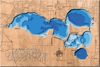 Lake Dora, Lake Beauclair, and Lake Carlton in Lake County, FL custom 3D wood map, perfect for home decor and gifts.