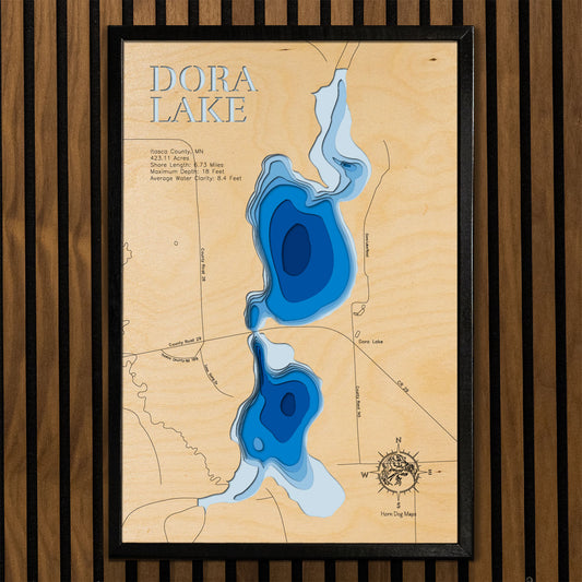 Artisanally carved wooden lake map of Dora Lake in Itasca County, MN, highlighting bathymetry.