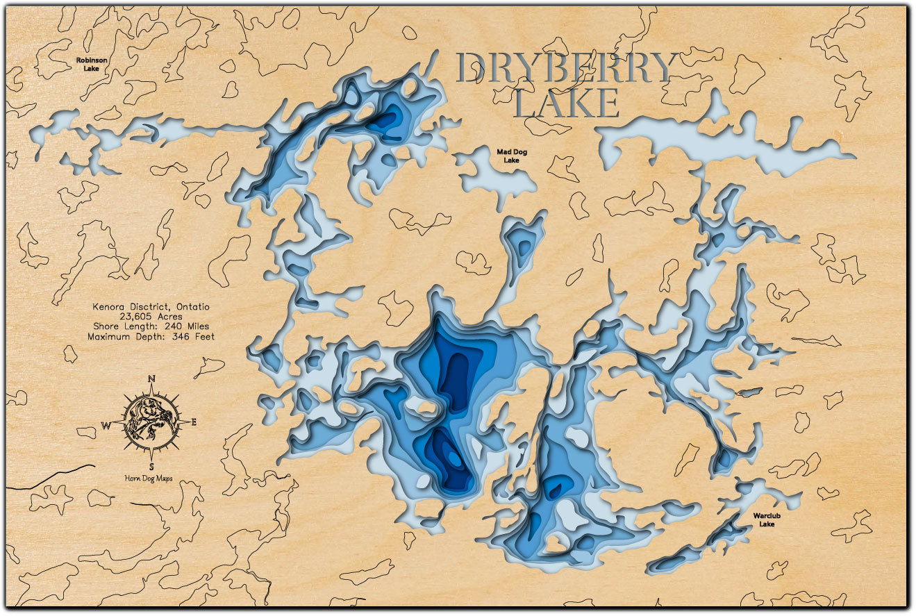 Decorative 3D wooden lake map of Dryberry Lake in Kenora District, Ontario CA, crafted with care.