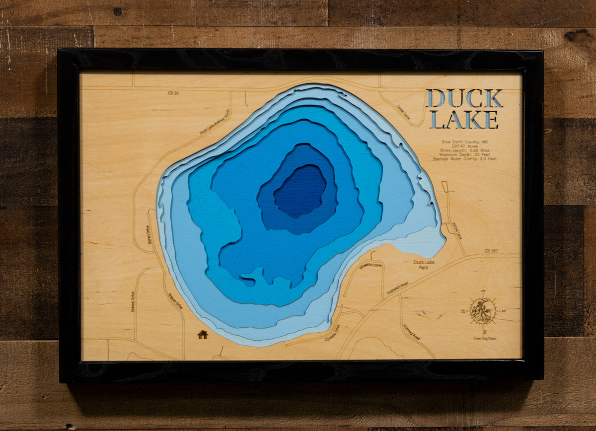 Laser-engraved relief map of Duck Lake in Blue Earth County, MN  , crafted from wood with high precision.