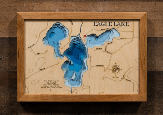 Exquisite wooden map of Eagle Lake in Crow Wing County, MN with detailed lakebed features.