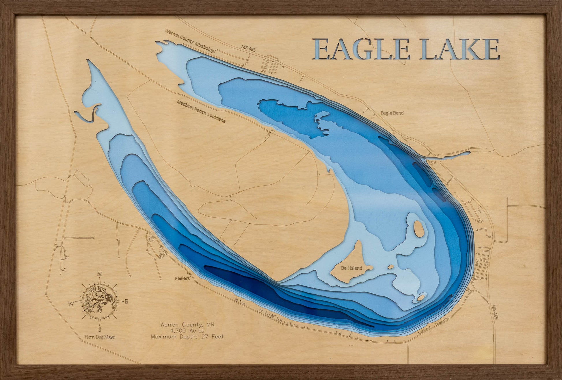 Custom wooden map of Eagle Lake in Warren County, MS with layered depth highlights.