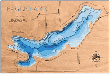 Artisanally carved wooden lake map of Eagle Lake in Carlton County, MN, highlighting bathymetry.