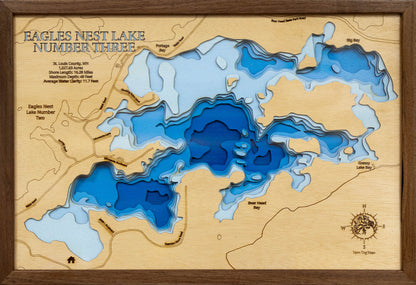 Laser-engraved relief map of Eagles Nest Lake Number Three in St. Louis County, MN, crafted from wood with high precision.