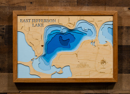 East Jefferson Lake in Le Sueur County, MN in stunning 3D wood map design, with detailed topography.