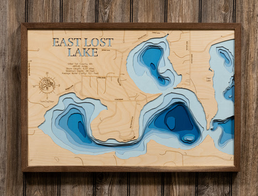 East Lost Lake in Otter Tail County, MN custom 3D wood map, perfect for home decor and gifts.