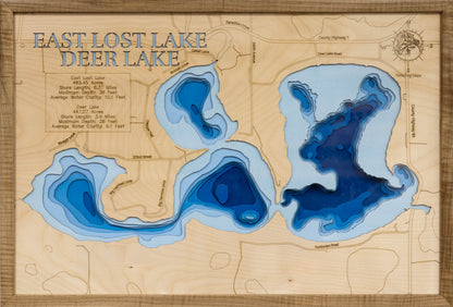 High-definition wooden relief map of East Lost Lake and Deer Lake in Otter Tail County, MN, handmade for durability.