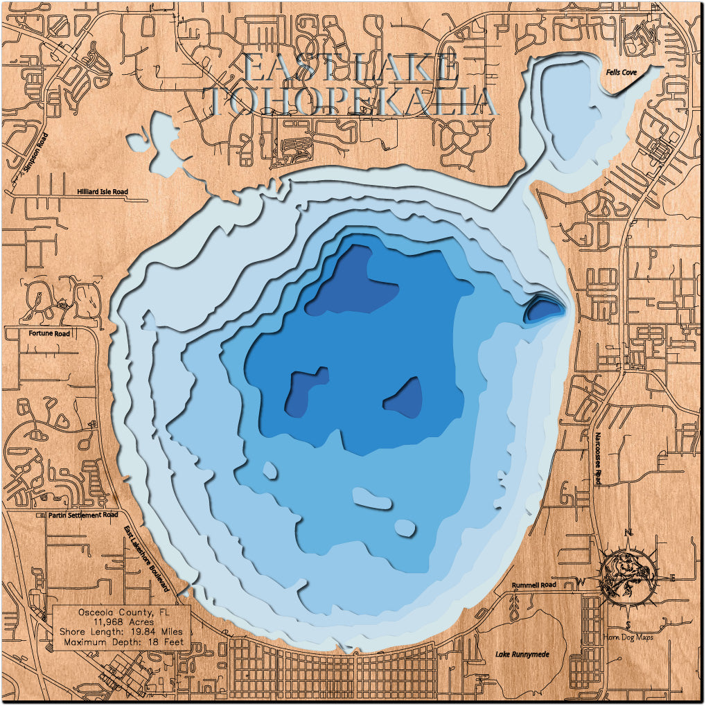 Artisanally carved wooden lake map of East Tohopekaliga (Osceola)East Lake Tohopekaliga in Osceola County, FL, highlighting bathymetry.