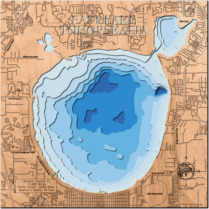 Artisanally carved wooden lake map of East Tohopekaliga (Osceola)East Lake Tohopekaliga in Osceola County, FL, highlighting bathymetry.