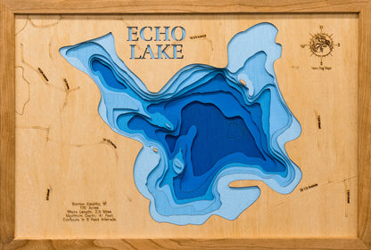 Echo Lake in Barron County, WI engraved wood map, showcasing accurate topographical features.