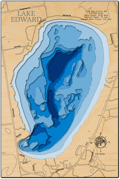 Precision-cut wooden map of Lake Edward in Crow Wing County, MN, perfect for unique decor.