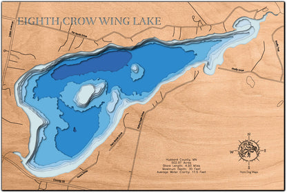 Custom wooden map of Eighth Crow Wing Lake in Hubbard County, MN with layered depth highlights.