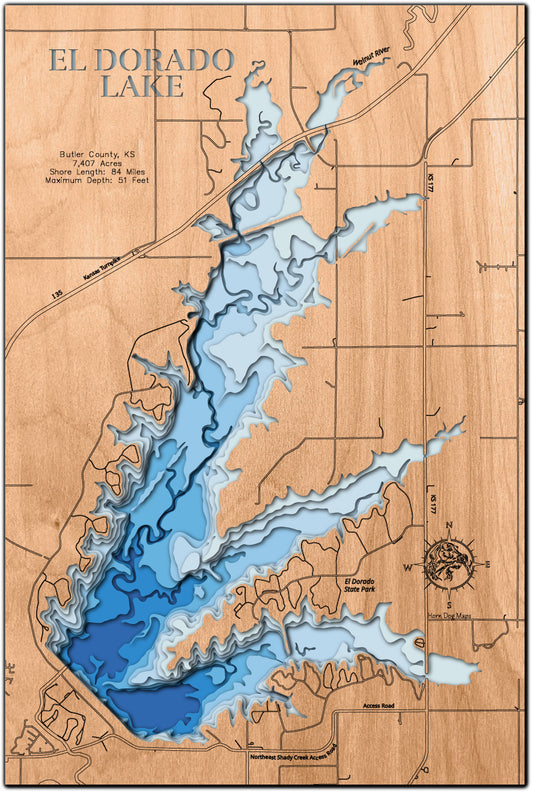 Exquisite wooden map of El Dorado Lake in Butler and Greenwood Counties, KS with detailed lakebed features.