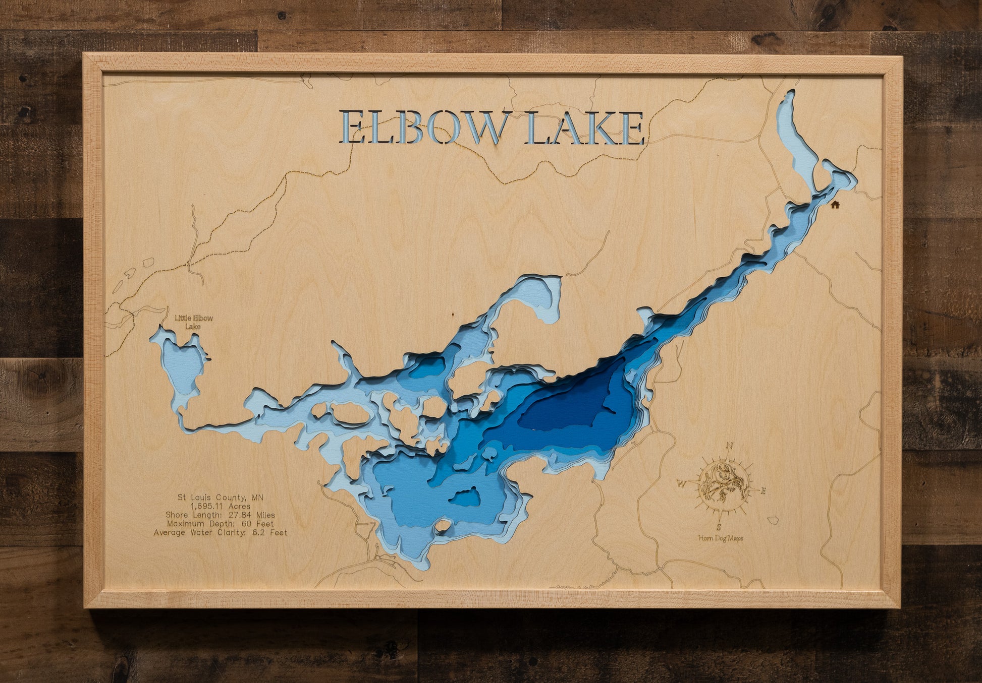 3D wooden lake map of Elbow Lake in St. Louis County, MN, showcasing detailed depth layers and contours.