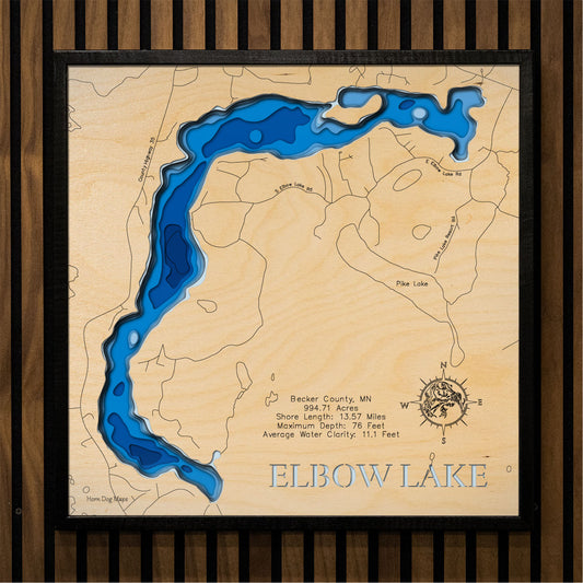 Decorative 3D wooden lake map of Elbow Lake in Becker County, MN, near Waubun, crafted with care.