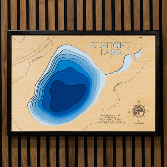 Exquisite wooden map of Elkhorn Lake in Kandiyohi County, MN with detailed lakebed features.