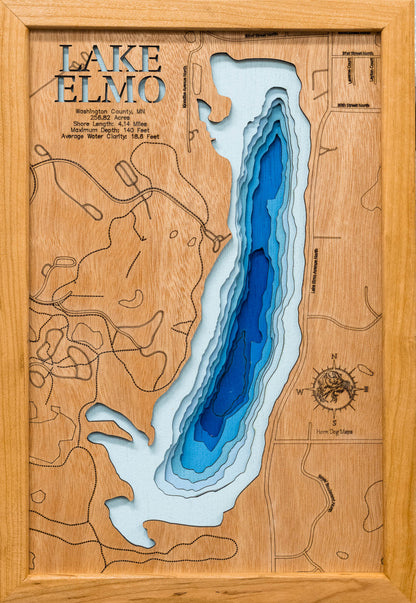 3D wooden lake map of Lake Elmo in Washington County, MN, showcasing detailed depth layers and contours.