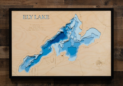 Custom wooden map of Ely Lake in St. Louis County, MN with layered depth highlights.