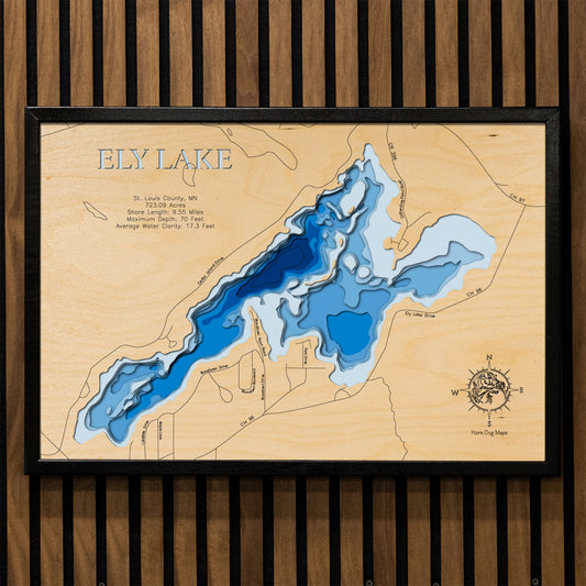 Custom wooden map of Ely Lake in St. Louis County, MN with layered depth highlights.