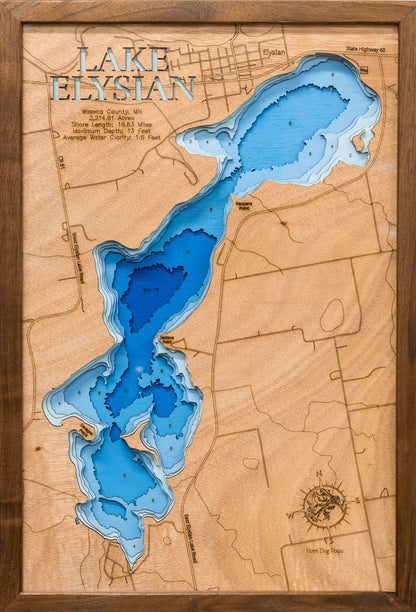 Lake Elysian in Waseca County, MN engraved wood map, showcasing accurate topographical features.