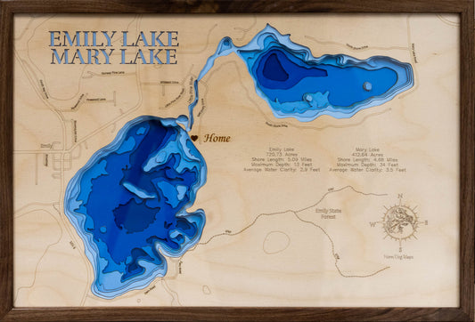 Laser-engraved relief map of Lake Emily and Lake Mary in Crow Wing County, MN, crafted from wood with high precision.