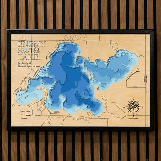 Decorative 3D wooden lake map of Enemy Swim Lake in Day County, SD, crafted with care.