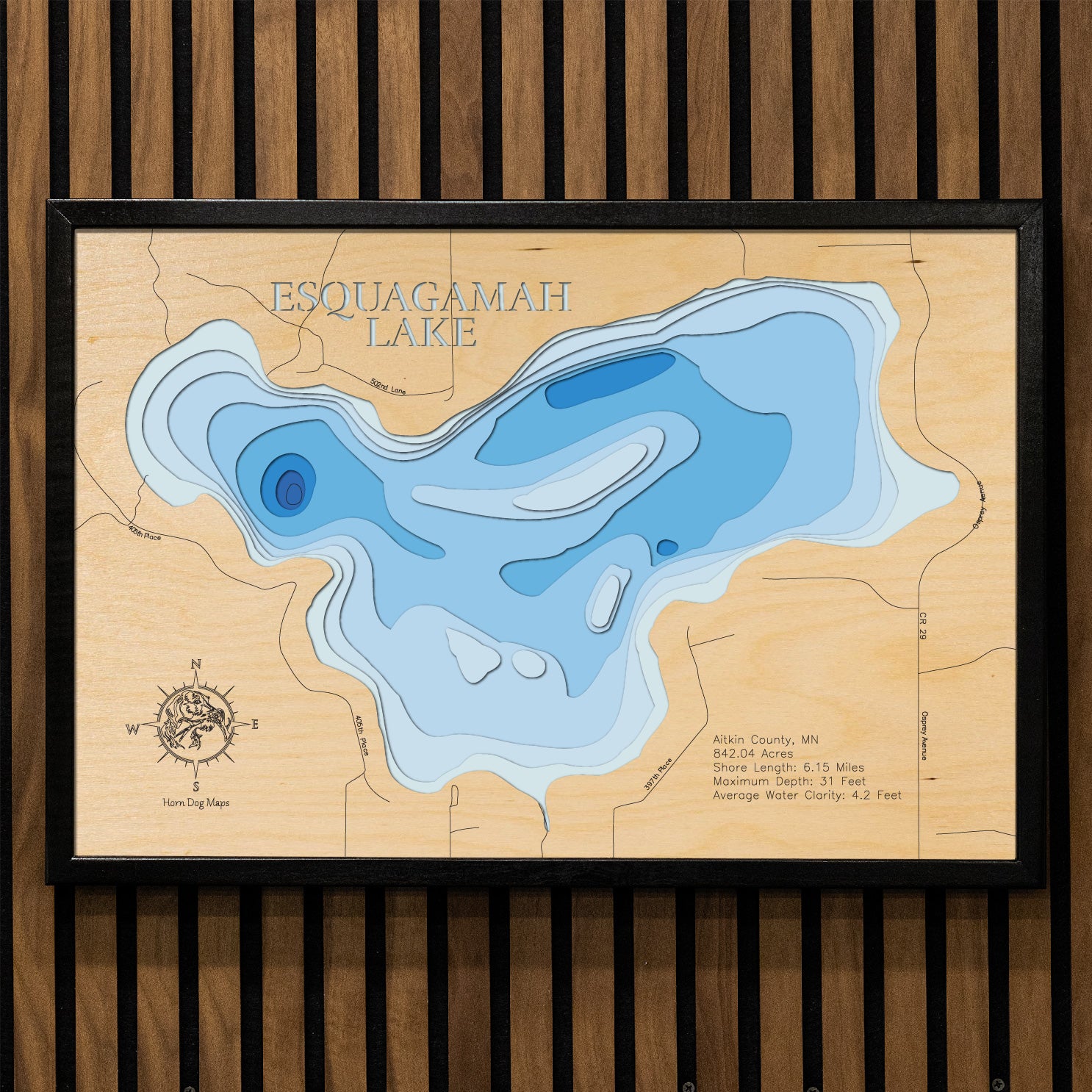 Exquisite wooden map of Esquagamah Lake in Aitkin County, MN with detailed lakebed features.