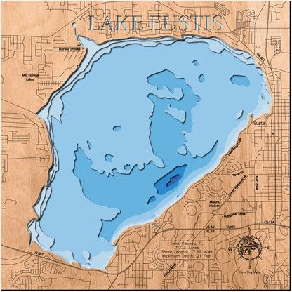 3D wooden lake map of Lake Eustis in Lake County, FL, showcasing detailed depth layers and contours.