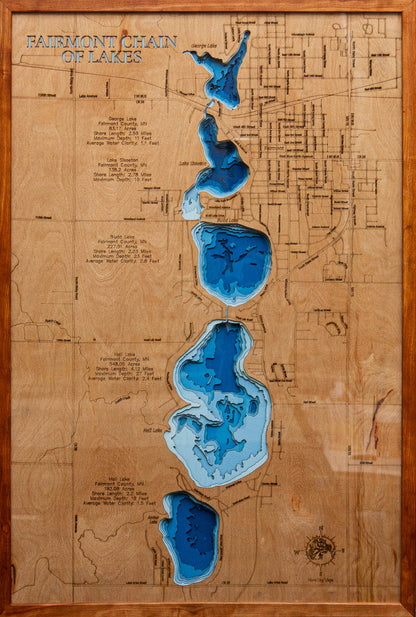 Exquisite wooden map of Fairmont Chain of Lakes in Martin County, MN with detailed lakebed features.