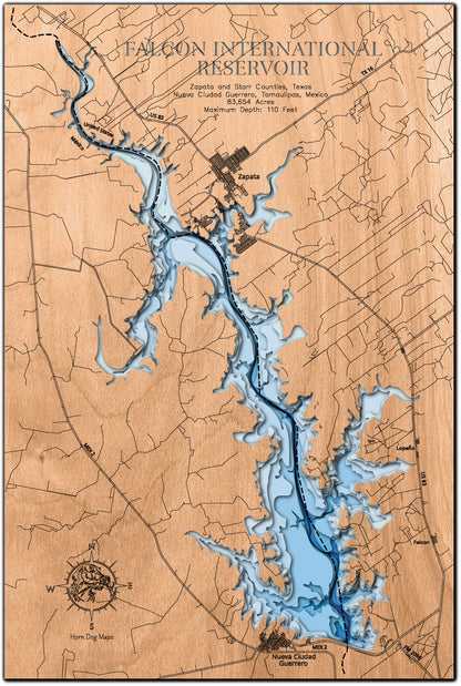 Falcon International Reservoir engraved wood map, showcasing accurate topographical features.