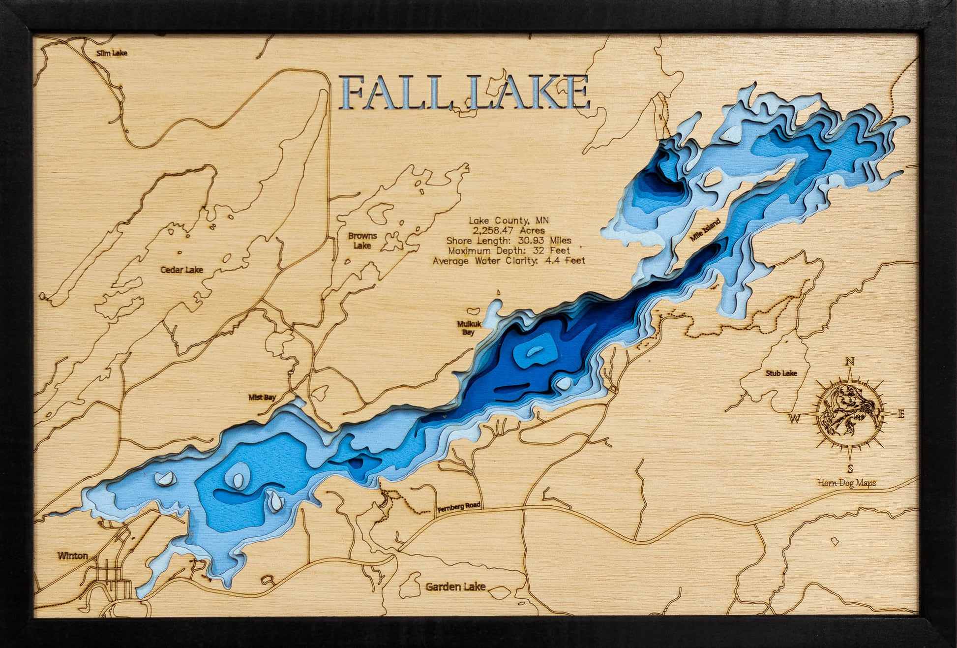 High-definition wooden relief map of Fall Lake in Lake County, MN, handmade for durability.