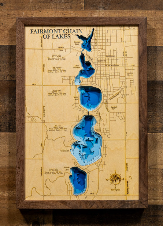 Exquisite wooden map of Fairmont Chain of Lakes in Martin County, MN with detailed lakebed features.