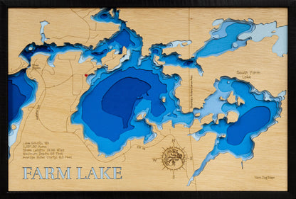 Unique wooden lake map of Farm Lake in Lake County, MN, featuring intricate depth details.