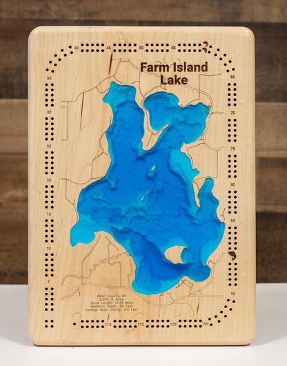Farm Island Lake in Aitkin County, MN in stunning 3D wood map design, with detailed topography.