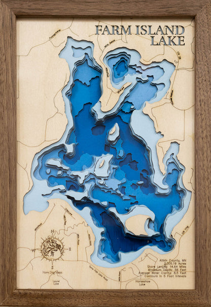 Farm Island Lake in Aitkin County, MN in stunning 3D wood map design, with detailed topography.