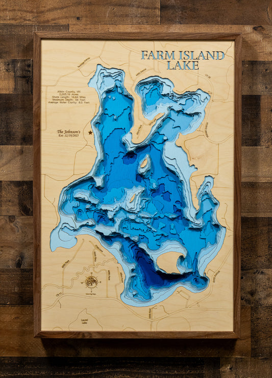 Farm Island Lake in Aitkin County, MN in stunning 3D wood map design, with detailed topography.