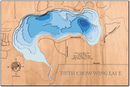 Fifth Crow Wing Lake in Hubbard County, MN engraved wood map, showcasing accurate topographical features.