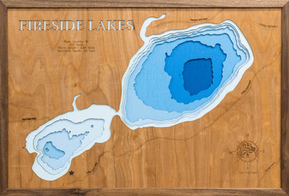 Fireside Lakes in Rusk County, WI in stunning 3D wood map design, with detailed topography.