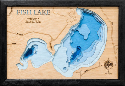 Precision-cut wooden map of Fish Lake in Burnett County, WI, perfect for unique decor.