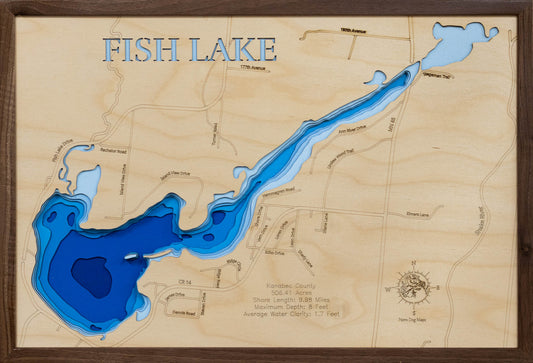 Unique wooden lake map of 3D Wooden Lake Map of Bone Lake in Polk Fish Lake in Kanabec County, Minnesota, featuring intricate depth details.