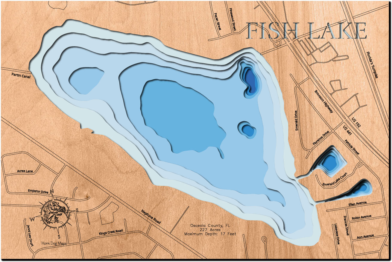 Laser-engraved relief map of Fish Lake in Osceola County, FL, crafted from wood with high precision.