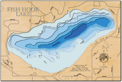 Fish Hook Lake in Hubbard County, MN 3D depth map, laser cut from high-quality wood.