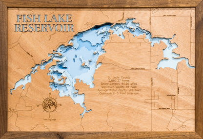 Exquisite wooden map of Fish Lake Reservoir in St. Louis County, MN with detailed lakebed features.