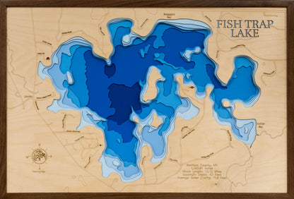 Fish Trap Lake in Morrison County, MN engraved wood map, showcasing accurate topographical features.