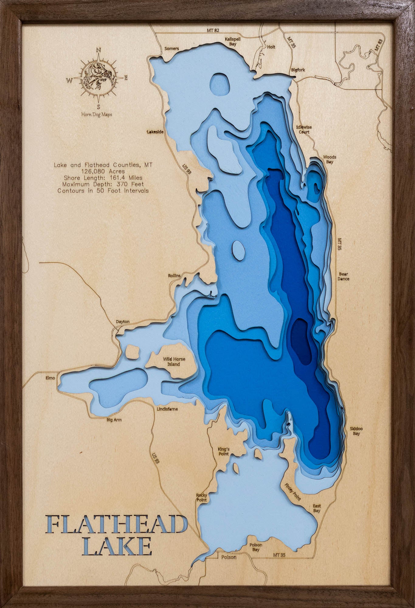 Flathead Lake in Lake and Flathead Counties, MT custom 3D wood map, perfect for home decor and gifts.