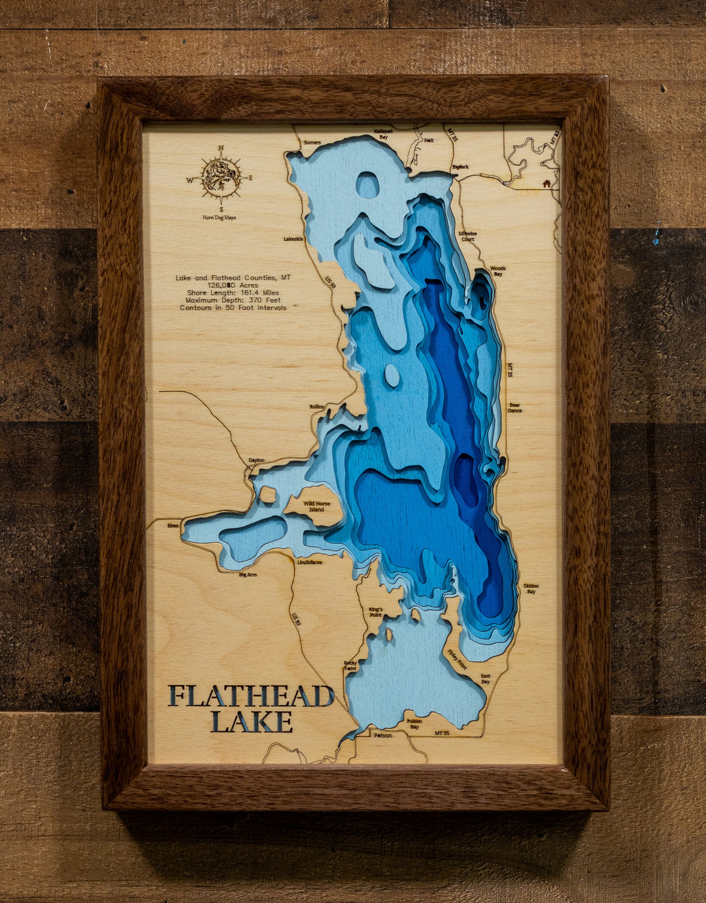 Flathead Lake in Lake and Flathead Counties, MT custom 3D wood map, perfect for home decor and gifts.