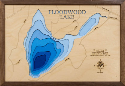 Detailed wooden relief map of Floodwood Lake in St. Louis County, MN, showcasing its natural beauty.