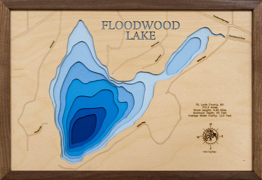 Detailed wooden relief map of Floodwood Lake in St. Louis County, MN, showcasing its natural beauty.